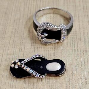 Sterling Silver and gemstones Black Buckle ring (size 8) and Flip Flop pendant